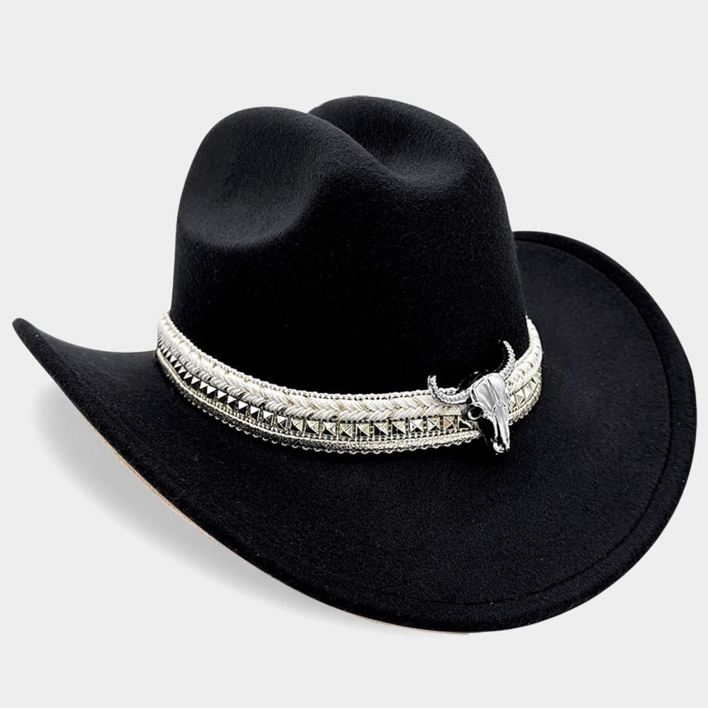 Unisex Concho Buckle Embroidered Band Accent Western Cowboy Hat
